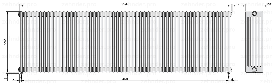Схема (чертеж) Радиатор Zehnder Charleston 6300/55 №5310 Белый глянцевый RAL 9016